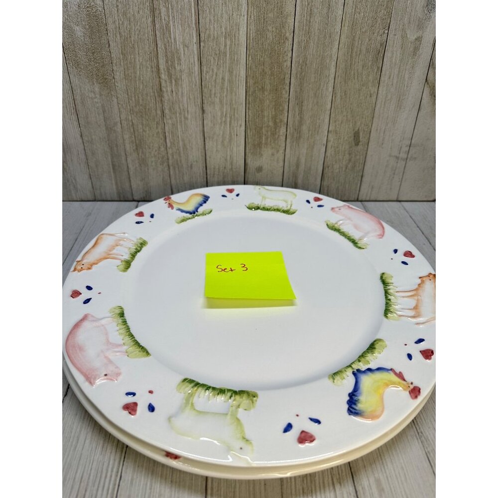 Vtg Stefani Farmhouse Animals Pig Rooster Cow 12.5" Dinner Plate Charger Set 2 - Picture 10 of 10